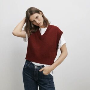 Zara Burgundy Crop V Neck Knit Wool Blend Ribbed Sweater Vest Small